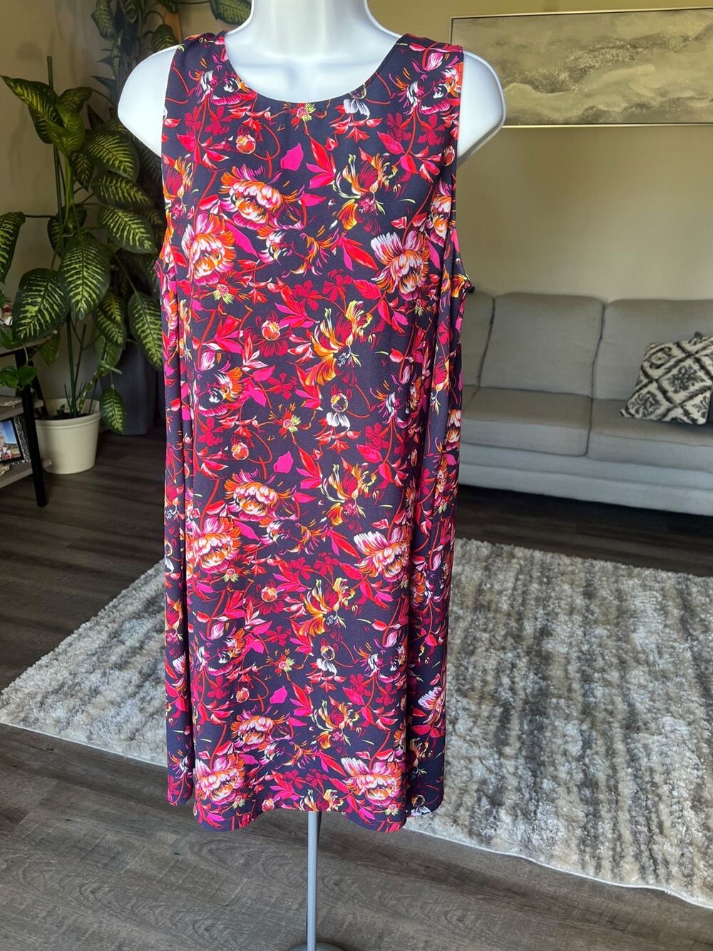 Vacation Navy Blue Pink Red Floral Mini Swing Flowy Dress XL
